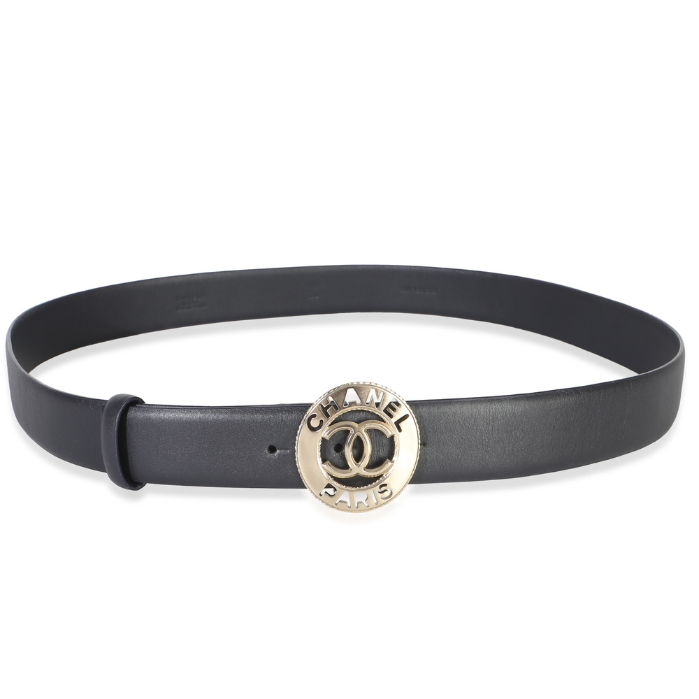 Chanel Navy Lambskin Champagne Gold CC Paris Logo Belt 95/38